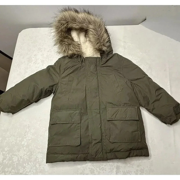Ild Navy Toddler Size 2t Parka Olive Green Coat Full-Zip Pockets Faux Fur Hood